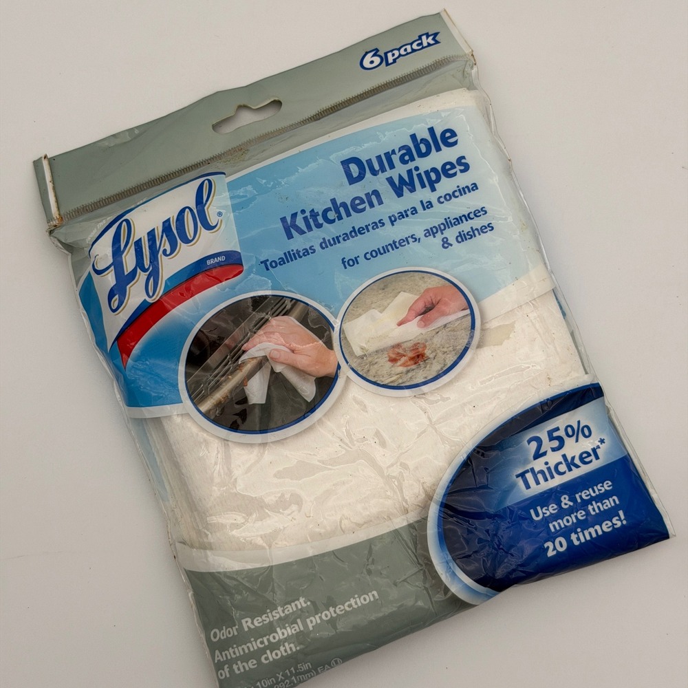 Lysol Durable Kitchen Wipes 6 Pack Reusable Antimicrobial 10x11 NOS